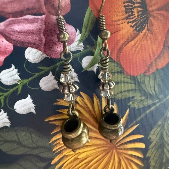 Handmade Earring Set Champagne Crystal Elemental Witch & Brass Ox Cauldron Charm - Picture 2 of 5